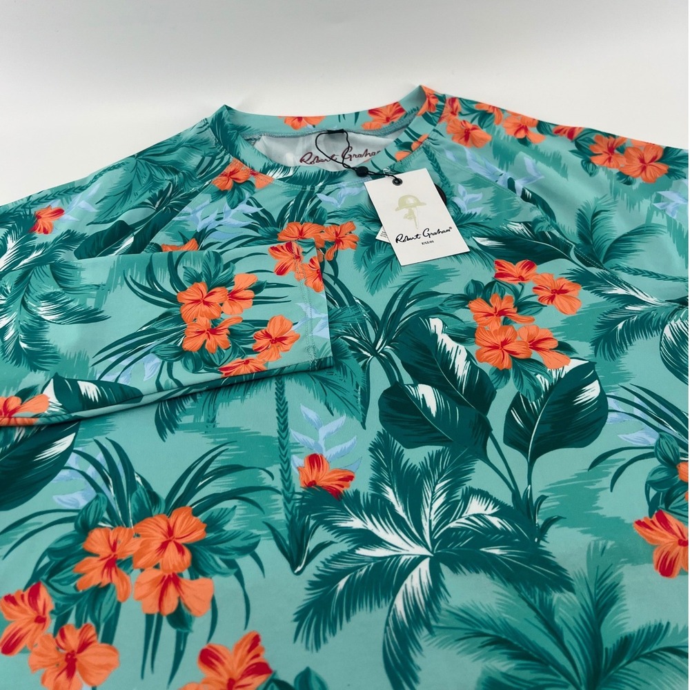 Robert Graham Mens Teal Tropical Floral Long Sleeve Rash Guard Swim Shirt Small